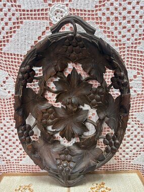 Carved Wood Leaf & Grape Tray | Vintage Boho Decor.